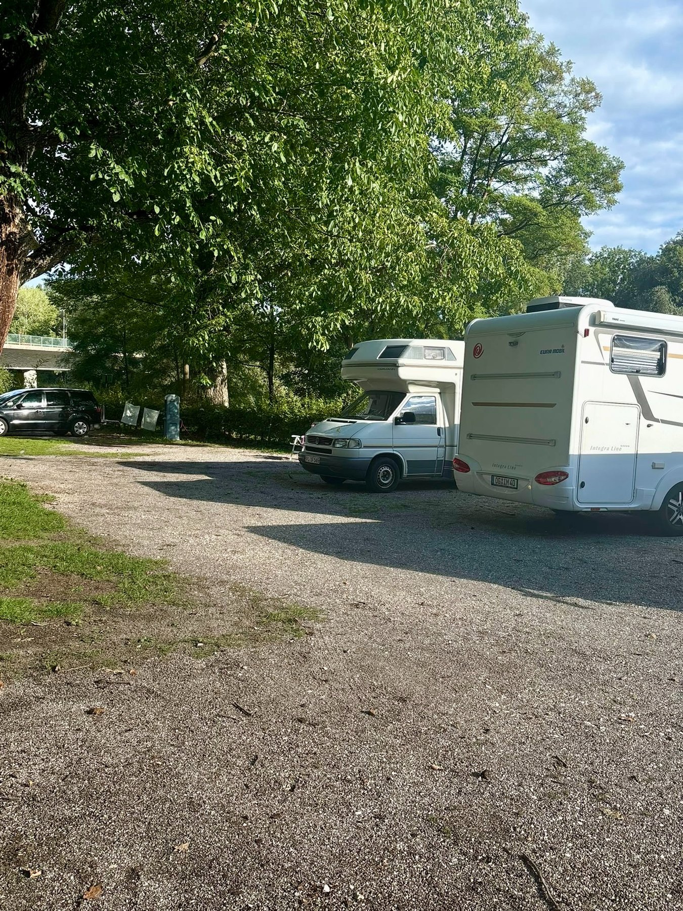 Stellplatz West: schattige Plätze – vom Donauufer nur durch den Radweg getrennt.